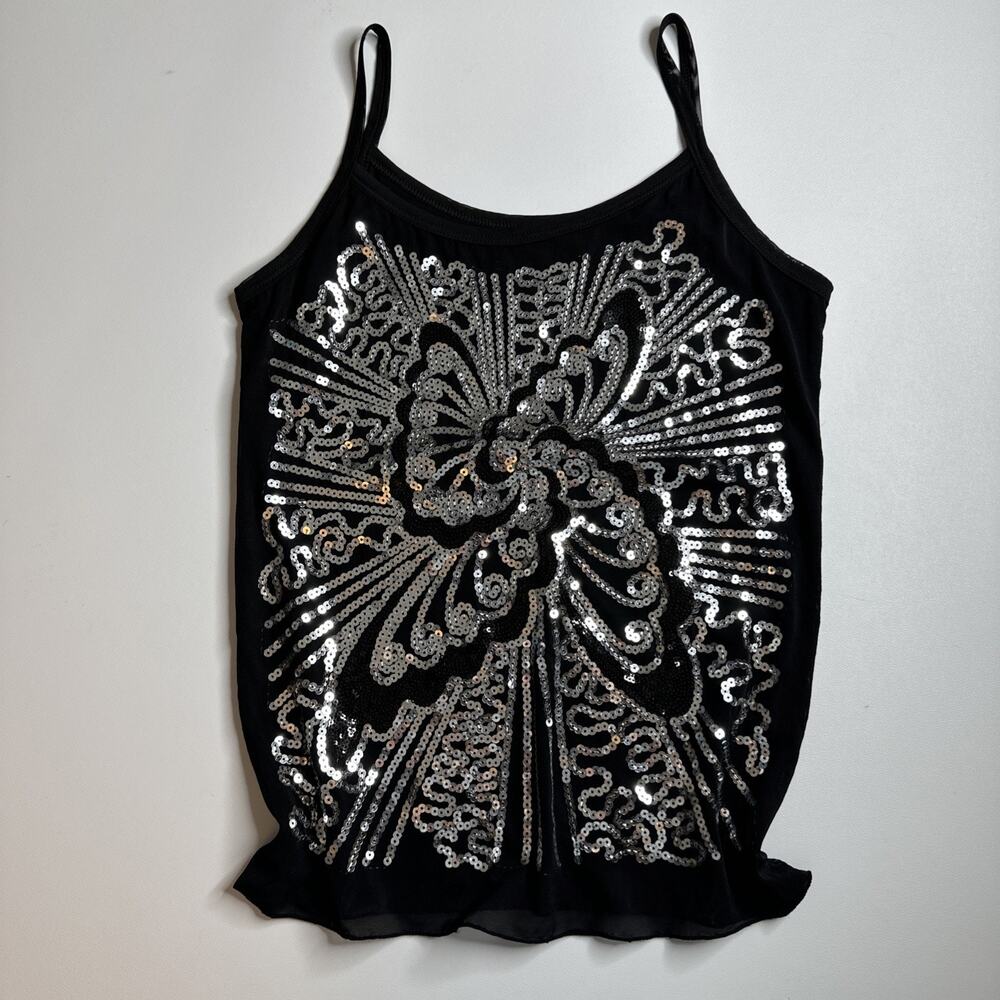 Y2K Black Sequin Butterfly Cami Tank Top Ruffle Rave Festival Clubwear XS/S EUC